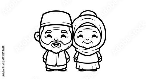 Cute Cartoon Muslim Couple Elders Line Art - Islamic Family Concept