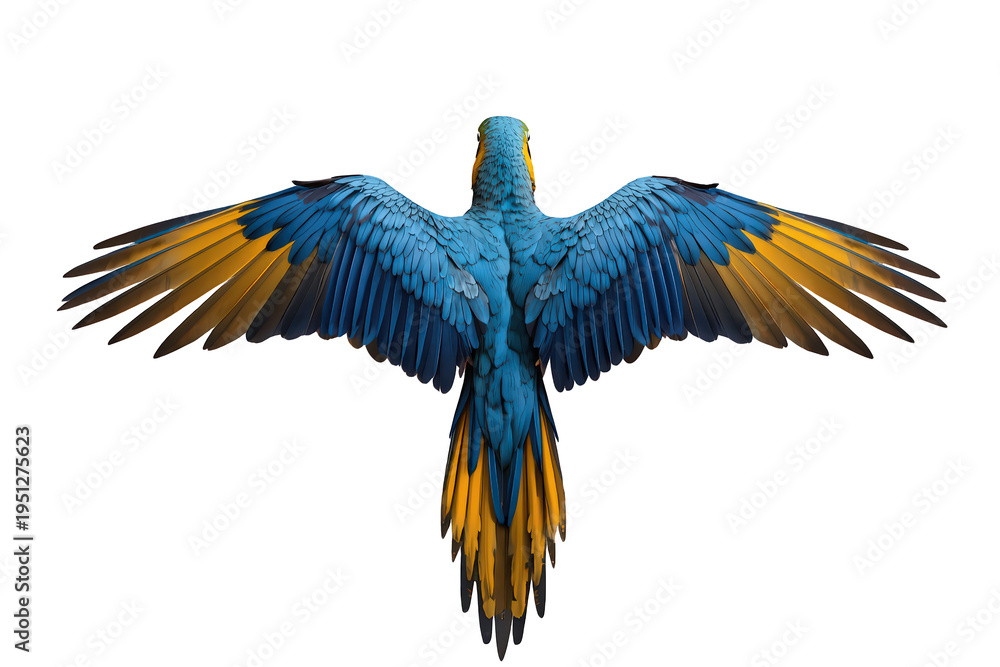 Naklejka premium Blue and yellow macaw flying, wings outstretched, showing freedom and tropical wildlife, isolated on transparent background
