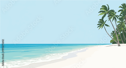 Idyllic vector cartoon illustration of tropical beach with tall palm trees white sand and clear sea