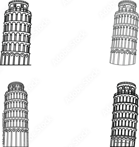 Leaning tower of pisa architectural sketches and line art, iconic italian landmark