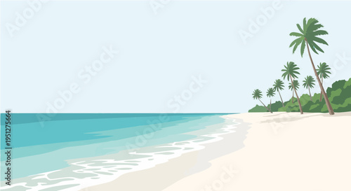 Paradise vector cartoon illustration of palm lined beach with turquoise ocean and distant mountains
