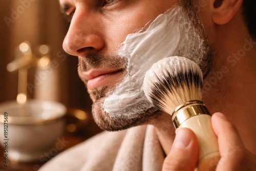 Close-up of a barber applying shaving cream to a man with a brush to ensure a smooth shave.