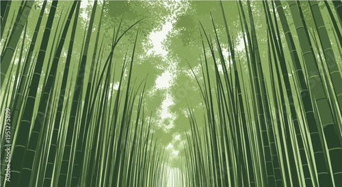 Lush vector cartoon illustration of dense bamboo forest path with tall green stalks and sunlight