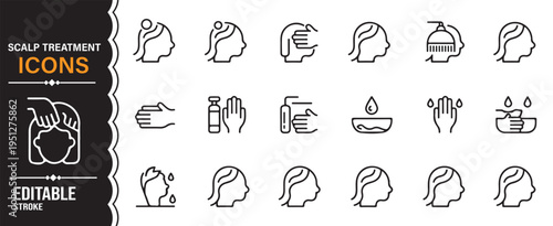 Scalp treatment line icons set hair care therapy massage and dermatology symbols editable minimal vector collection