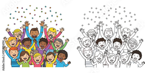 Diverse crowd of happy people cheering and celebrating with confetti. Includes colorful vector illustration and black and white coloring book outline.