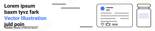 Social media, online communication, digital interaction, marketing analytics, medicine, health. Prescription bottle next to a social media interface. Social media interaction and medicine concept