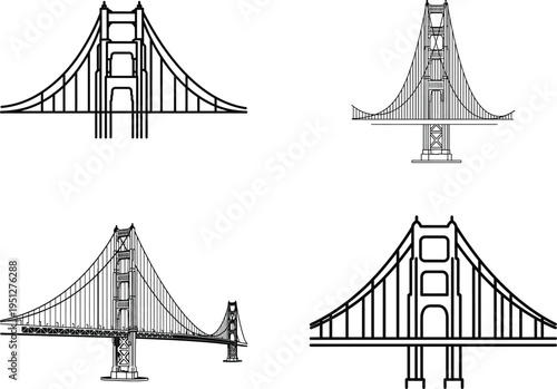 Golden gate bridge structural sketches and line drawings, iconic san francisco landmark