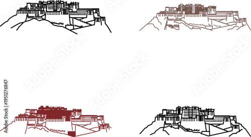 Sketches of hilltop forts and castles, ancient strongholds on elevated terrain