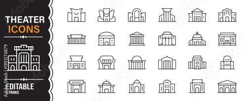 Performing arts theater line icon pack with auditorium cinema and entertainment building symbols