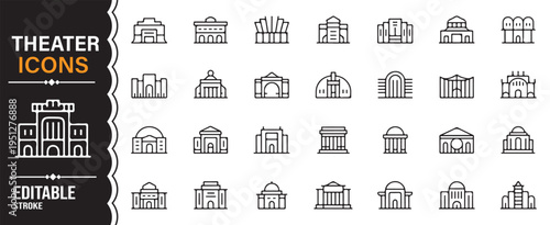 Theater building outline icons collection cinema opera house and stage venue symbols minimal editable vector set