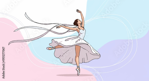 Ballet dancer in mid performance with flowing ribbons elegant white dress poised on one leg against pastel background