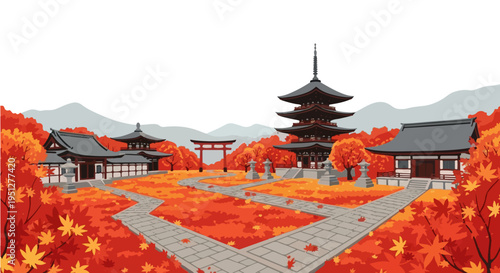 Colorful vector cartoon illustration of ancient japanese temple complex with red maple leaves covering stone paths