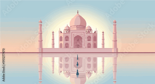 Peaceful vector cartoon illustration of tajmahal palace reflecting perfectly in calm water at bright sunrise