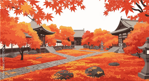Beautiful vector cartoon illustration of japanese shrine buildings surrounded by fiery red autumn maple trees and leaves