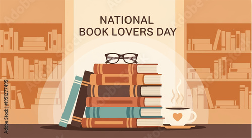 National book lovers day celebration with stacked books glasses and a cup of coffee in a cozy library background