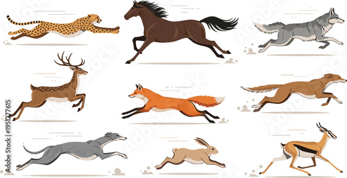 Running Wild Animals Vector Set Featuring Horse, Wolf, Fox, Deer, Cheetah, Hare, and Antelope in Dynamic Motion Poses for Wildlife Illustration and Design Projects.