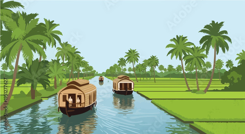 Calm vector cartoon illustration of tropical river with palm trees and traditional vietnamese floating houseboats