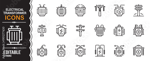 Power transformer outline icon set industrial electricity equipment symbols editable line vector pack