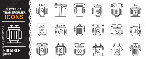 Electrical transformer line icon pack with voltage equipment power distribution and energy symbols minimal vector collection