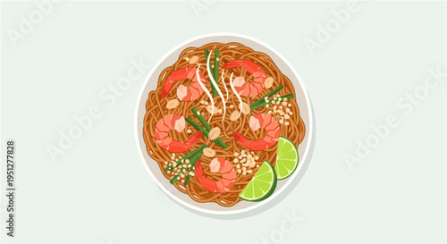 Appetizing vector cartoon illustration of thai spicy shrimp noodle soup bowl with lime and fresh herbs