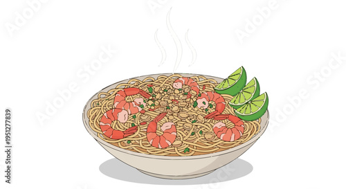 Tempting vector cartoon illustration of hot shrimp noodle soup bowl with lime slices and herbs