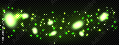 Green firefly and particle dust forest background. Magic glitter for fairy overlay. Bokeh glow pattern with glowworm burst below. Emerald bug shine png decoration. Toxic and poison energy fly