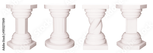 White hexagon podium with cylinder pillar plinth. 3d square platform on column for museum display. Gypsum furniture for greek exhibition or cosmetic advertising place on sculpture shelf for store