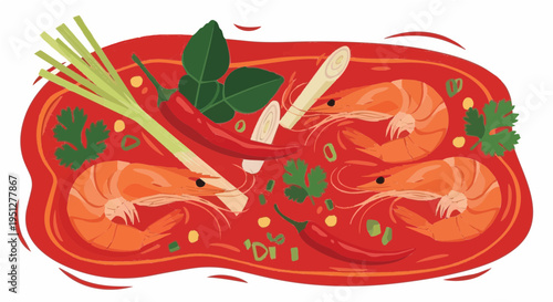 Spicy vector cartoon illustration of red thai shrimp dish with lemongrass herbs and fresh ingredients