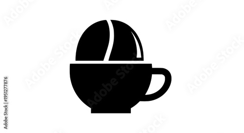 A simple black and white illustration of a coffee bean inside a coffee cup, symbolizing morning coffee or a coffee break