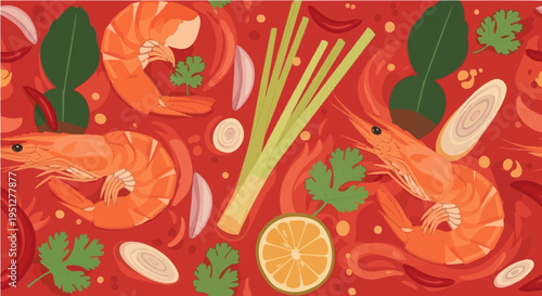 Fiery vector cartoon illustration of vibrant red shrimp platter with herbs lime and spicy sauce elements