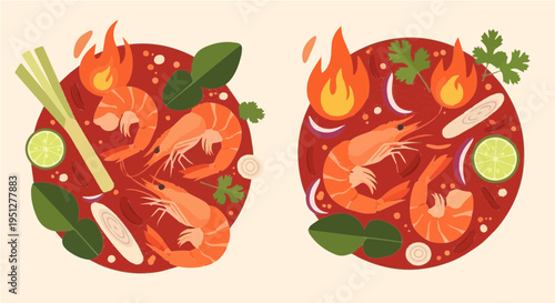 Hot vector cartoon illustration of two spicy shrimp dishes with flames lime and fresh herbs