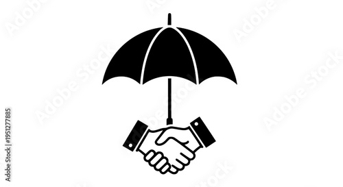 Visual concept of insurance and financial security with a solid handshake under a protective umbrella, signifying a strong, reliable agreement