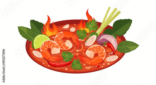 Delicious vector cartoon illustration of flaming spicy shrimp bowl with lime slices and green herbs