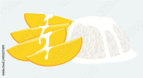Sweet vector cartoon illustration of classic thai mango sticky rice dessert with coconut sauce slices