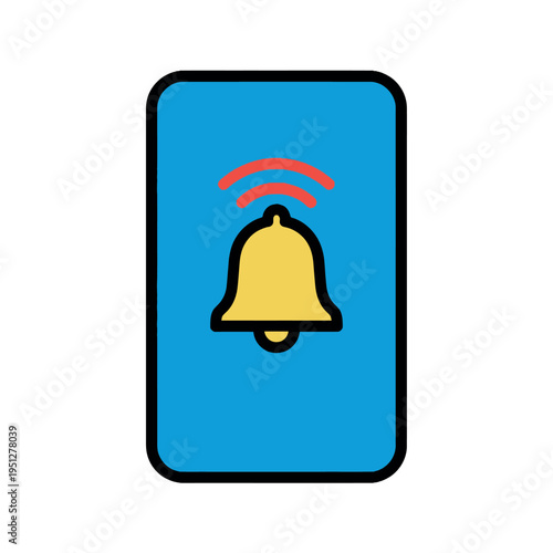 A graphic illustration of a yellow bell icon with red signal waves on a blue smartphone screen against a clean white background.