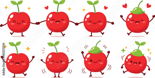 Cute cherry cartoon character collection with different emotions kawaii fruit mascots happy jumping vector illustration set