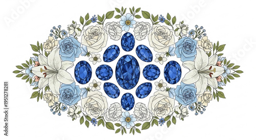 Elegant blue sapphire gemstones surrounded by white and blue roses floral pattern luxury jewelry design element