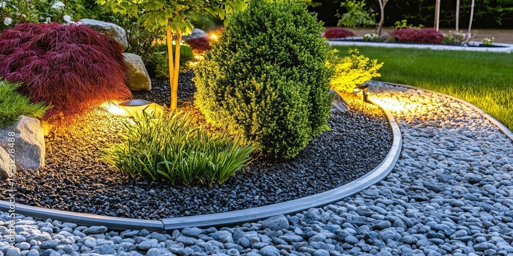 Obraz premium Illuminated garden pathway with landscape lights, featuring flowers and lush shrubs at dusk.