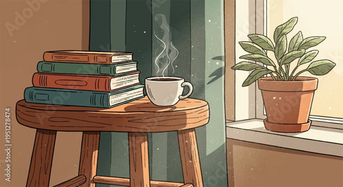 Cozy morning scene with books steaming coffee cup on wooden stool by window with potted plant