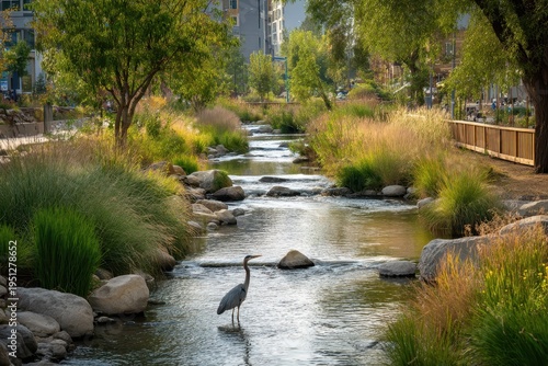 Restored urban stream with a Great Blue Heron in a tranquil city park