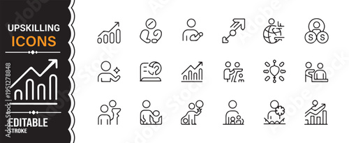 Editable upskilling line icon set with teamwork leadership training and productivity symbols minimal vector pack