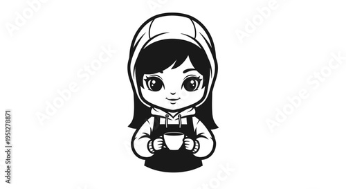 Black and White Chibi Girl with Coffee Cup