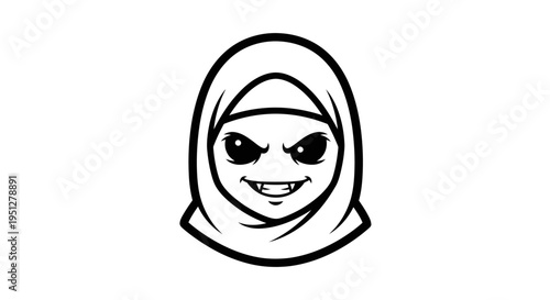 Black and white line art cartoon vampire hijab girl face