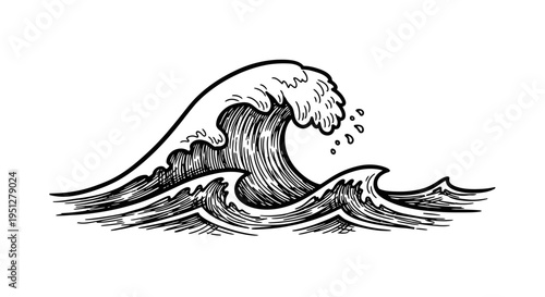 Black and White Line Art of Ocean Wave Crashing