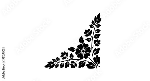 Black and white corner floral ornament, decorative design, vector illustration