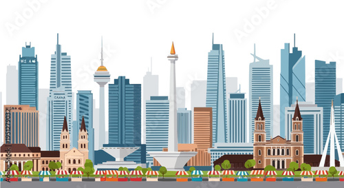 Modern vector cartoon illustration of skyscraper city skyline with towers and clear blue sky