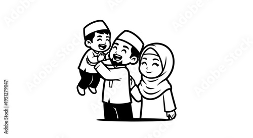 Happy Muslim Family Vector Illustration Black and White Line Art