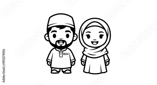 Muslim Couple Black and White Line Art Vector Illustration