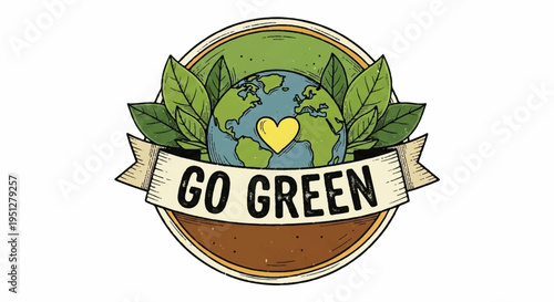 Earth surrounded by leaves with a heart and go green banner eco friendly symbol