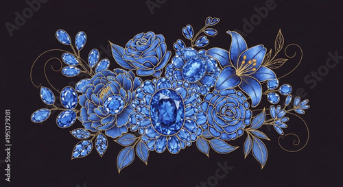 Blue floral arrangement with sparkling gemstones on black background decorative bouquet of roses and flowers